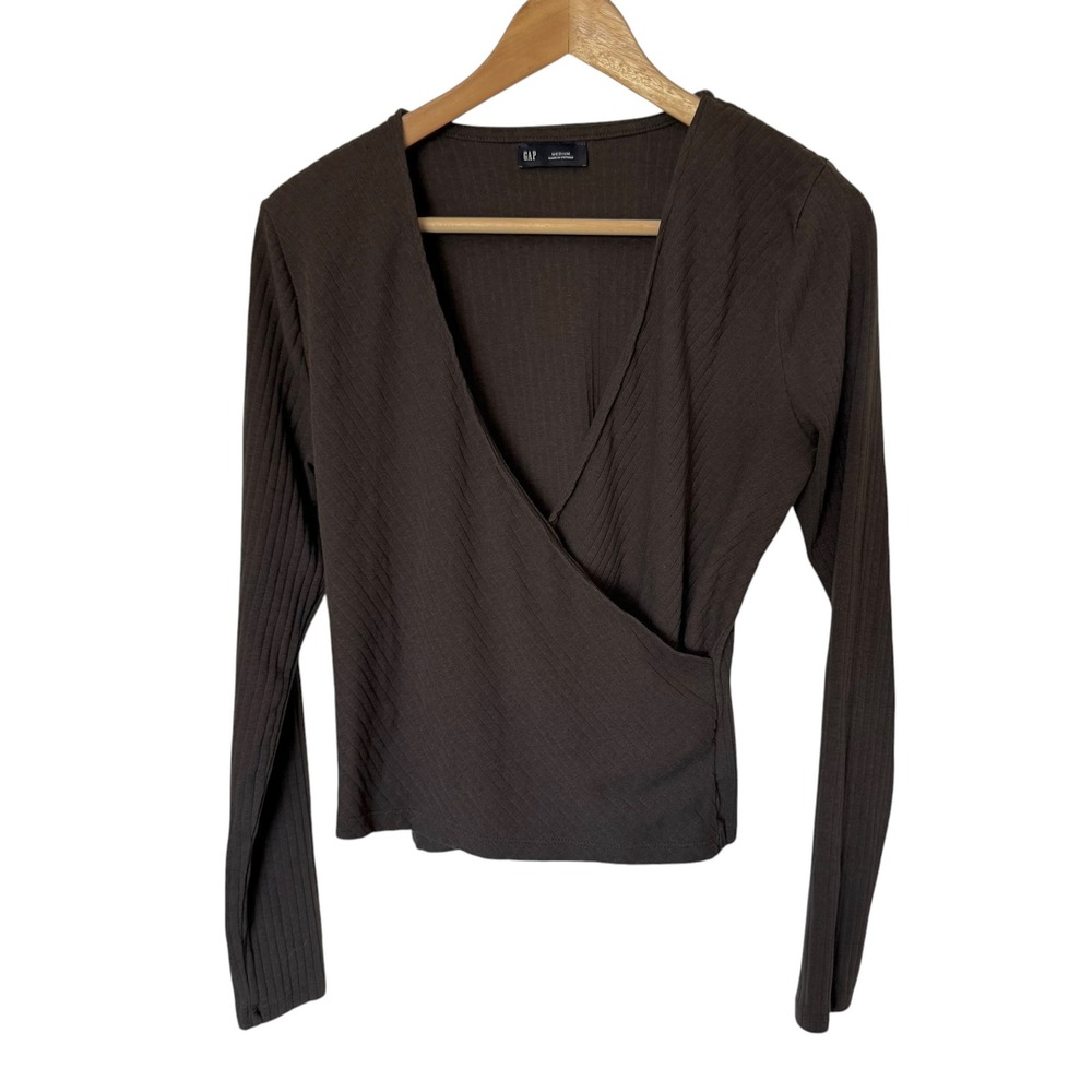 Gap Wrap Top Women Medium Brown Excellent Ribbed Long Sleeve V-Neck Surplice